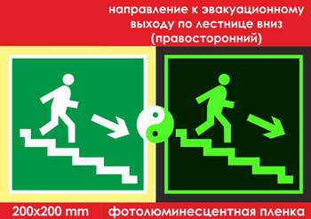 E13 направление к эвакуационному выходу по лестнице вниз (правосторонний) (фотолюминесцентная пленка, 200х200 мм) - Знаки безопасности - Эвакуационные знаки - vektorb.ru